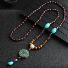 Goes Well With Your Dress Boho Beaded Necklace For Women Long And Real Tibetan Stone Knotted Beads Handmade Different Style And Different Materials, But All Of Them Made Of Exclusive Colorful Materials: Natural Wood Beads, Ethnic Gem Stones, Turquoise, African, Nepal, Tibet Stone, Multicolored Acrylic Bead, And Leather In Some, New Dress Accessories For Women, Exalting The Ethnic And Bohemian Elements, Highlighting The Sense Of The Casual. Beads Necklace Multicolored Worthy Gift A Genuine Wood L Collar Hippie, Buddhist Mala, Spiritual Necklace, Beads Pendant, Wood Bead Necklace, Wooden Necklace, Beaded Pendant Necklace, Wood Necklace, Bohemian Necklace