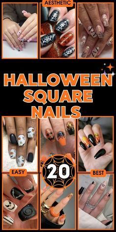 Square Acrylic Halloween Nails, Halloween Nails Square Short, Halloween Nail Designs Square, Halloween Square Nails, Halloween Nails Scream, Square Halloween Nails