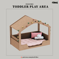 an image of a toddler play area made out of wood with pink and green pillows