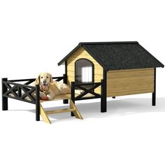 a dog house with a dog laying on it's bed next to the doghouse