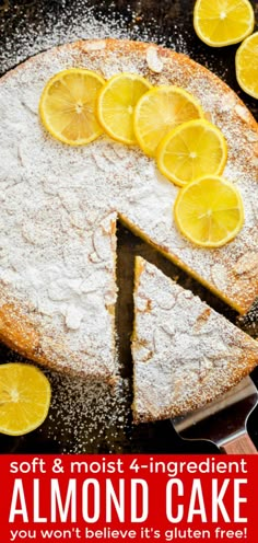 a cake with lemons and powdered sugar on top is shown in this advertisement