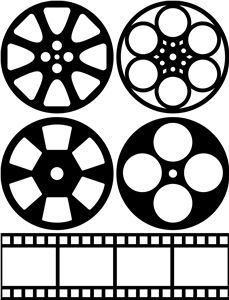 three film reels stacked on top of each other, with the movie strip in front of them