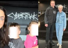 an older man and woman standing next to each other in front of a wall with graffiti on it