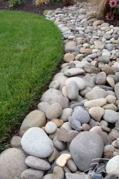 a rock garden path with grass and flowers in the background