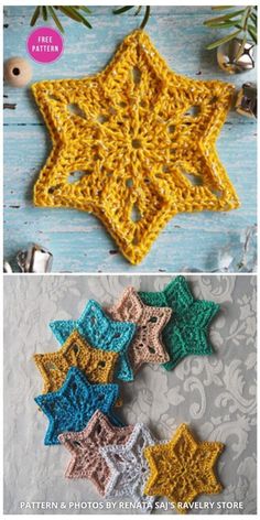 the crochet star pattern is shown in three different colors