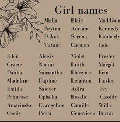 a list of names for girls with flowers on them and the names below each one