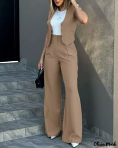 Olivia Mark - Professional Ensemble: Tailored Buttoned Vest Top with Stylish Wide Leg Pants Set Sleeveless Suit, Brown Pants, Pantalon Large, Sleeveless Vest, Casual Elegance, Vest Top, Outfit Casual, Two Piece Sets, Color Khaki