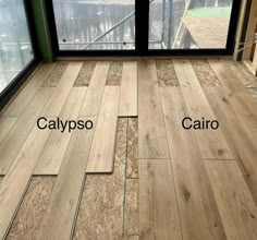 wood flooring that is being installed in front of a glass window with the words calyppso and carlo on it