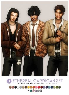 three young men wearing jackets and ties are standing in front of a white background with the words etheral cardigan set