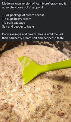 a green spoon is stirring some food in a pot with ingredients on it and instructions for how to make them