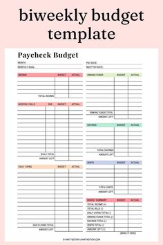 a printable budget sheet with the words,'bi weekly budget template'in it