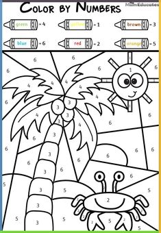 the color by numbers worksheet with an image of a crab and palm tree