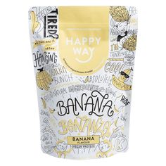 happy way banana flavored coffee bag on a white background with the words happy way written in