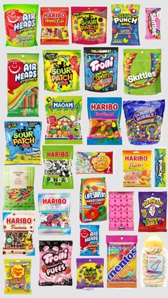 many different types of candy are shown in this graphic style, with the names and colors on