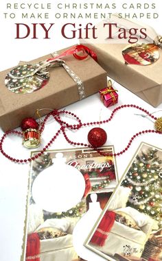 two christmas cards with presents on them and the words recycle christmas cards to make ornaments - shaped diy gift tags