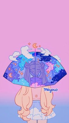 a girl holding an umbrella over her head with clouds and stars in the sky above