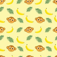 seamless pattern with monkey and banana on yellow background