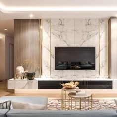 a modern living room with marble walls and flooring, furniture, and decor on the wall