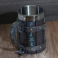 Mugs Viking Runes 'Wooden' Stainless Steel Tankard Mug Ancient Treasures Ancientreasures Viking Odin Thor Mjolnir Celtic Ancient Egypt Norse Norse Mythology Vikings Gifts, Nordic Vikings, Beer Cup, Drinking Horns, Viking Runes, Oak Barrel, Pub Bar, Beer Mugs, Cool Mugs