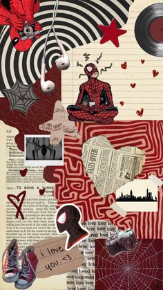 a collage with various images and words on it, including an image of a spiderman