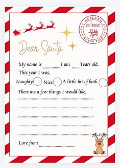 a christmas letter to santa with reindeers on the front and bottom, in red and white stripes