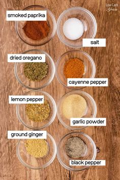 the ingredients to make this recipe are shown in small bowls on a wooden table, including carrots, cayenne pepper, garlic powder and black pepper