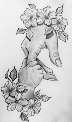 a drawing of two hands touching each other with flowers in the middle and one hand holding another