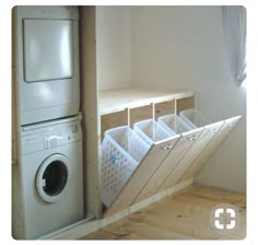 a washer and dryer are in the corner of a room next to a window