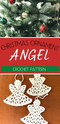 christmas ornament angel crochet pattern on a wooden table next to a christmas tree