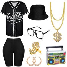 PRICES MAY VARY. 80S 90s Outfits Accessories: you will receive 8 pieces fashion rapper outfit costumes which contain 1 hip hop button shirt, 1 elastic pant, 1 hip hop glasses, 2 earrings, 1 audio shape balloon, 1 dollar sign ring, 1 hat; They can match well together and make you look like a real hip hop rapper. Reliable Material: Our hip hop shirt and rapper hat are made of quality fabric material, which is comfort for skin; The gold necklace and bracelet are made of metal while the sunglasses a Tupac Costume, Ll Cool J 90s Fashion, Iconic 90s Outfits Black Women, 80s 90s Outfits, Freaknik Outfits Black Women, 90s Hip Hop Costume, Rapper Outfit, Hip Hop Glasses, Rapper Hat