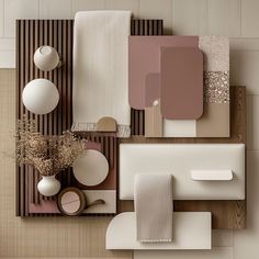 an overhead view of various items on display in a room with beige walls and flooring