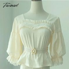 Tavimart Vintage Kawaii Lolita Shirt Square Neck Half Sleeve Retro Feminine Shirts Summer Yellow Green White Lolitas Top 2xl