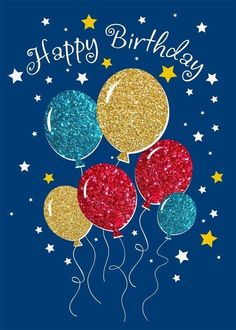 a birthday card with balloons and stars in the sky, on a dark blue background