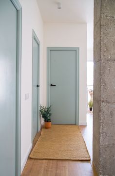 an empty hallway with two doors and a rug on the floor