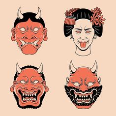 Premium Vector | Japanese demon mask vector art Japanese Tattoo Art Oni Mask, Japanese Demon Illustration, Japan Mask Art, Japanese Mask Illustration, Japanese Oni Mask Drawing, Simple Oni Mask Tattoo, Demon Mask Art, Japanese Yokai Art, Demon Concept Art