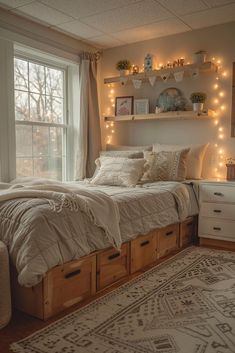 a bedroom with lights on the windows and a bed