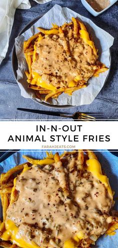 2 photos of in-n-out animal style fries served on a grey plate with baking paper. On the top photo, there is an extra serving of animal style sauce in a small white bowl, and a fork. The bottom photo is a close up shot of the fries. Party Food Appetizers Easy, Loaded Fries Ideas, Easy American Recipes, Fries Ideas, Animal Style Fries Recipe, Loaded Fries Recipe, Animal Style Fries, Restaurant Style Recipes, Loaded Fries