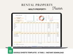 the rental property tracker spreadsheet is displayed on a laptop screen with an image of a