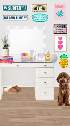 a dog is sitting in front of a vanity