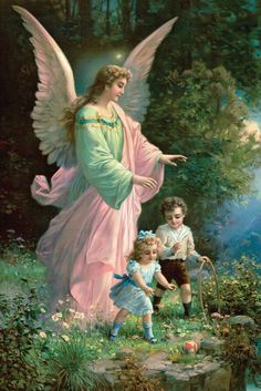 an angel with two children in the woods