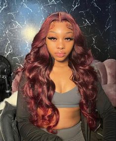 Red Wig On Brown Skin, Burgundy Frontal Wig Styles, Burgundy Wig Install, Dark Burgundy Wig, Burgundy Middle Part, Coloured Wigs Black Women, Burgundy Lace Front Wig