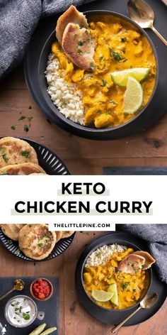 keto chicken curry in a black bowl with rice and lemon wedges