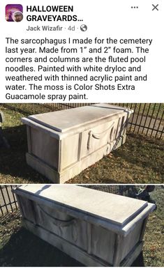 two pictures of an old chest in front of a fence with the words halloween graveyard on it