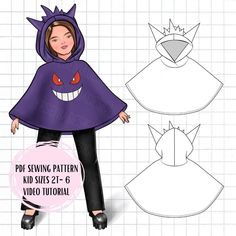 the paper doll is wearing a purple cape with an evil face and fangs on it