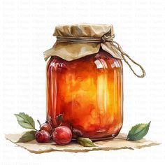 a jar filled with liquid sitting on top of a table next to some cherries