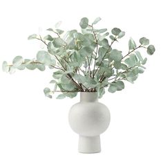 a white vase filled with lots of green leaves