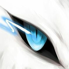 the eye of a white cat with blue streaks on it's iris and an arrow in its center