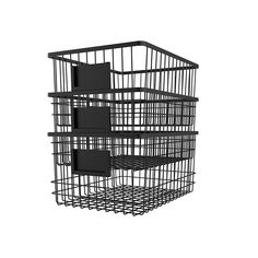 a black wire basket with three shelves on the front and one shelf in the back