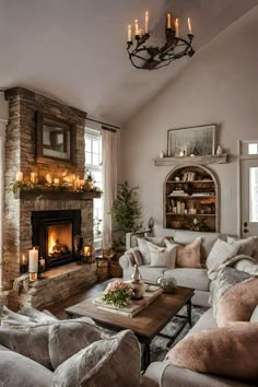 a living room filled with furniture and a fire place in the middle of the room