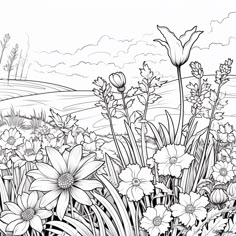 a black and white drawing of flowers in the grass